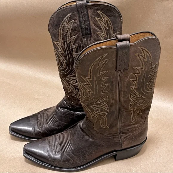 Lucchese Dark Brown Leather Western Grunge Cowboy Boots Mens Size 10 - Picture 1 of 11